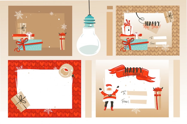 Carte di buon natale e scatole regalo a sorpresa isolati su sfondo bianco