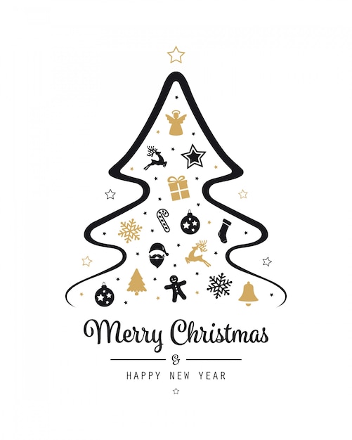 merry christmas tree elements card golden black isolated background