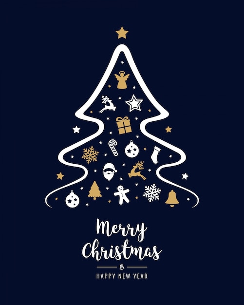 merry christmas tree elements greeting text card golden blue background