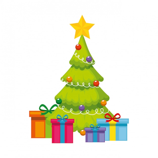 Vector merry christmas tree with gifts