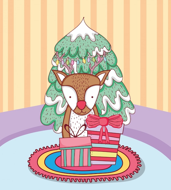 Vector merry christmas tree with reindeer in the house