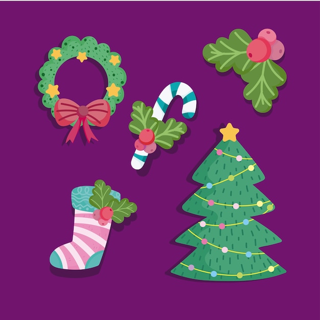 메리 크리스마스, 트리 화환 사탕 지팡이와 양말 세트 그림