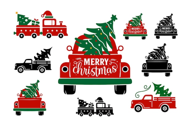 Vettore merry christmas truck tree lettering set citazioni detti calligrafia biglietto di auguri vettore