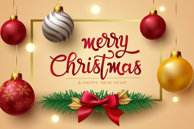 Merry christmas vector background design. Merry christmas greeting text with ribbon and hanging.