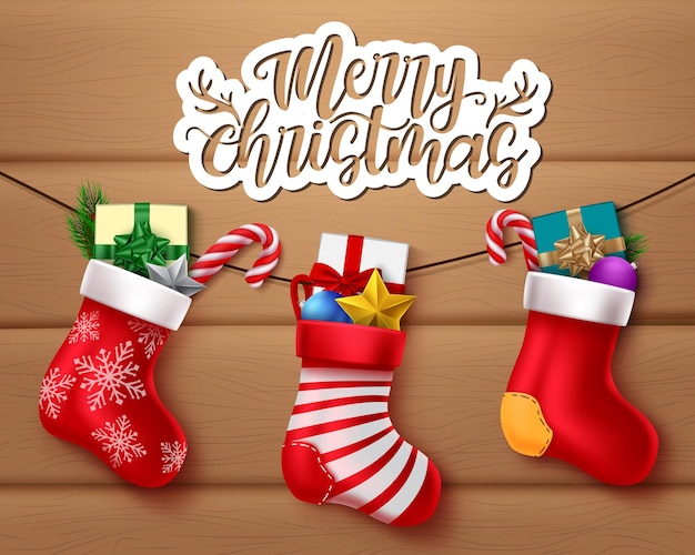 Vector merry christmas vector banner design merry christmas greeting text with hanging santa socks
