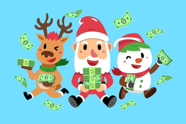 Merry christmas vector cartoon santa claus and friend with money