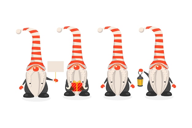 Merry christmas vector christmas cute gnome with caps set in flat style isolated design template for merry christmas and happy new year card cartoon kids character funny gnomes