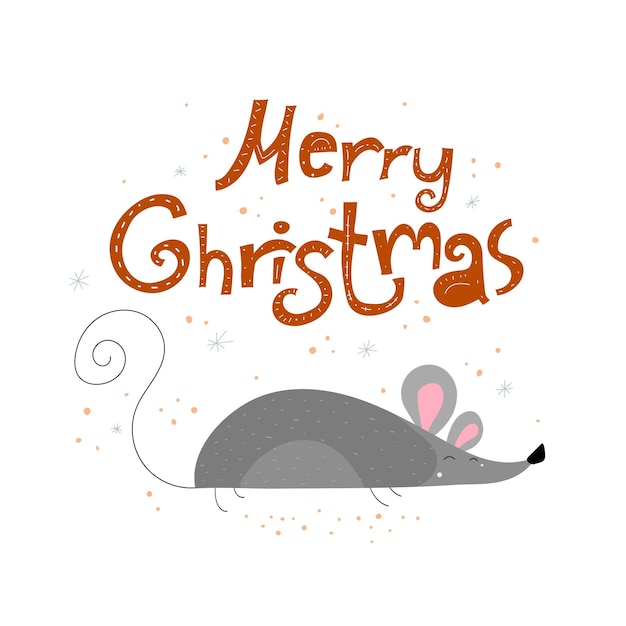 Merry Christmas. Vector illustration with cartoon colorful rat, lettering