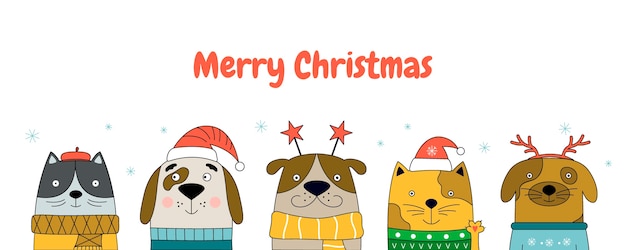 猫と犬とメリークリスマスベクトルイラスト。ペットショップのwebサイトのクリスマスバナー。