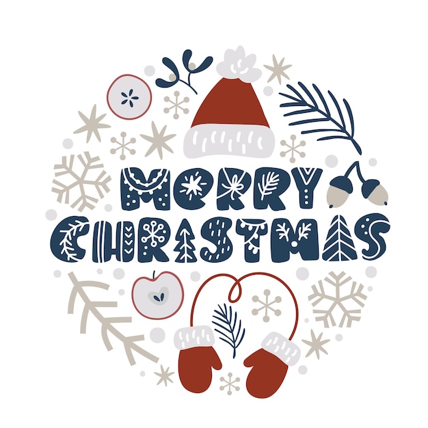 Merry christmas vector lettering testo disegnato a mano e forma rotonda scarabocchi di natale elementi scandinavi