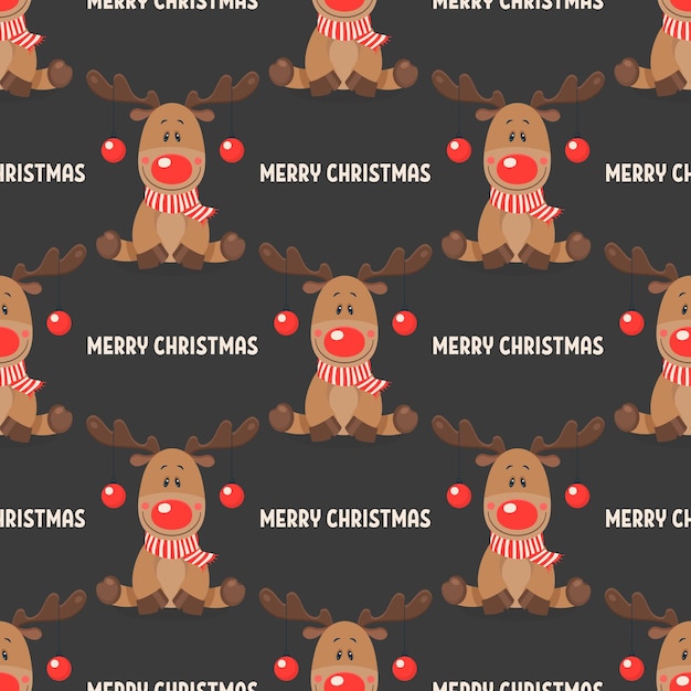 Merry Christmas Vector naadloze patroon met kerst schattige rendieren met kerstballen op de hoorns in vlakke stijl op zwarte achtergrond ontwerp sjabloon Cartoon Kids karakter
