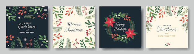 Merry Christmas vector template for corporate greeting cards Floral holiday frame and background