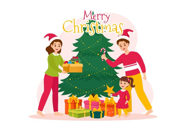 Merry Christmas vectorillustratie met kerstman en sneeuw achtergrond in platte cartoon design