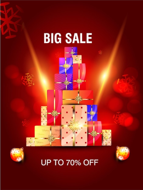Merry Christmas verkoop promotie poster banner met productweergave en feestelijke decoratie