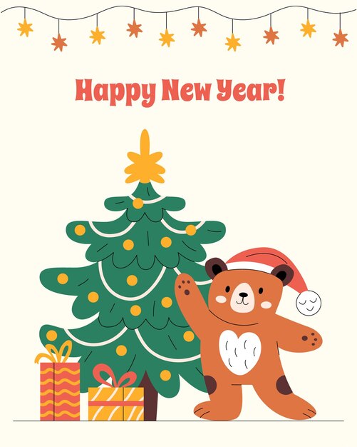 merry christmas vertical greeting card with a cute bear presents and decorated tree