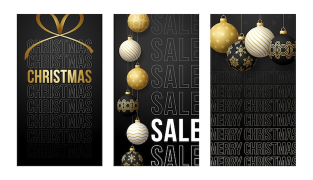 Merry christmas verticale banner voor verhalen. gouden set van kerstthema sociale media verhalen post, 3d-realistische zwarte en gouden bal banner voorbladsjabloon voor spandoek