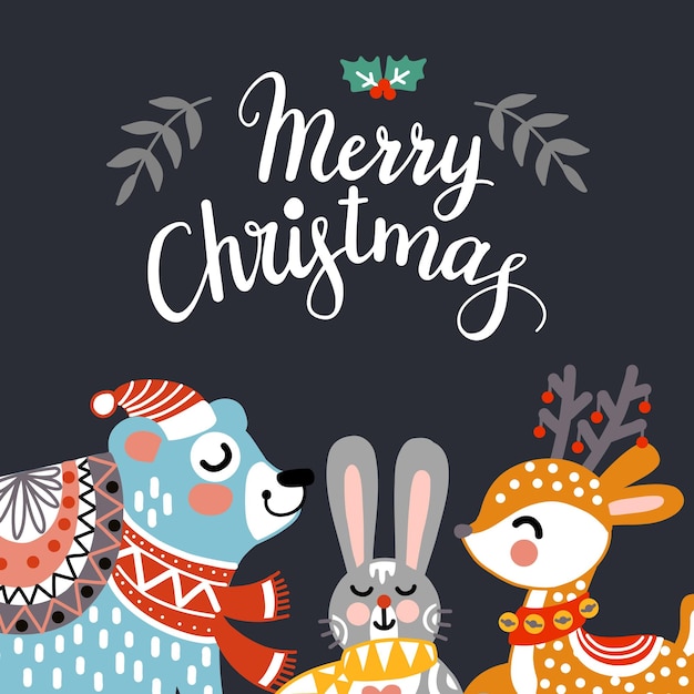 Merry Christmas vierkante kaart schattige dieren vector illustratie