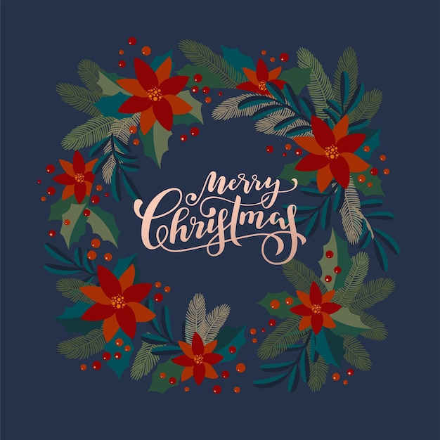 ヒイラギの果実の花輪とメリークリスマスヴィンテージ芸術的な書道のグリーティングカード。ポインセチア、ヤドリギ、モミの木の枝の伝統的なお祝いのフレーム。メリークリスマス手レタリングベクトルカード