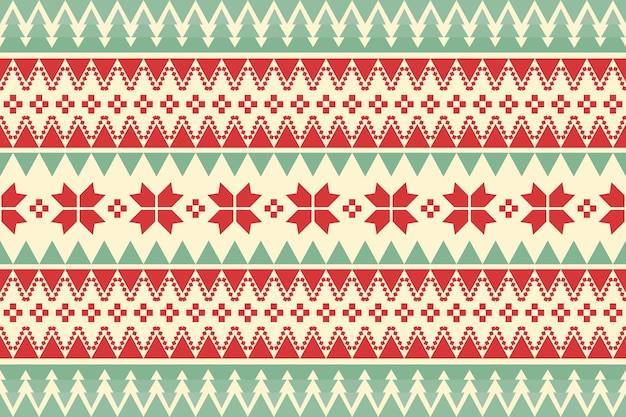 Merry Christmas vintage ethnic seamless pattern decorated with green trees and red flowers. design for background, wallpaper, fabric, carpet, web banner, wrapping paper. embroidery style. vector.