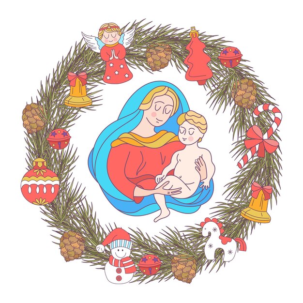 Vettore buon natale. la vergine maria e il bambino gesù.