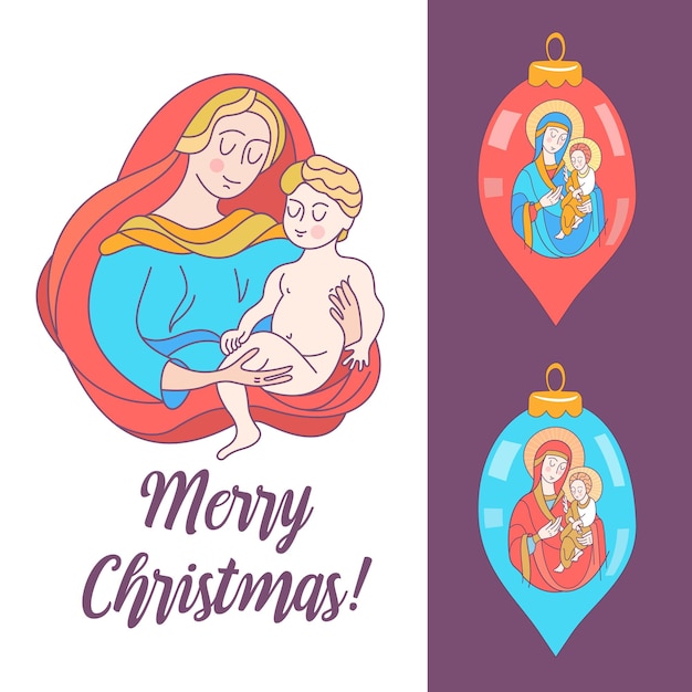 Vector merry christmas. the virgin mary and the baby jesus.