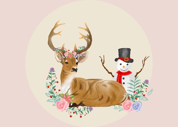 Merry Christmas watercolor deer with floral style