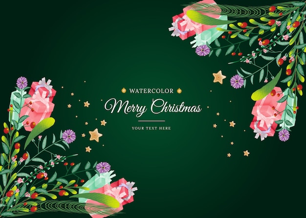 Merry Christmas watercolor floral background with pine tree