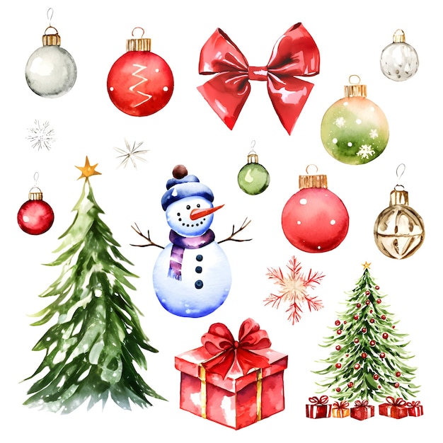 Вектор Веселый рождественский акварельный набор традиционного декора и элементов. елочные подарочные коробки, бантики и коробочки. элементы рождественского настроения на белом фоне. векторная иллюстрация.