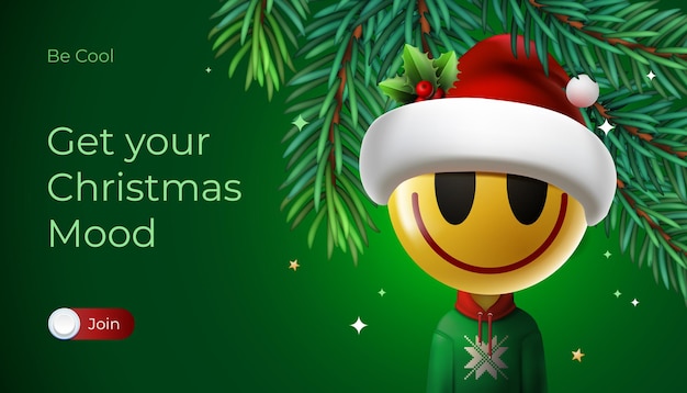 Merry Christmas web banner. Mobile application with Christmas emoji smiling face in Santa hat