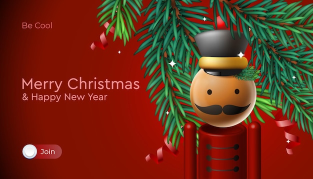 С Рождеством Христовым веб-баннер. Мобильное приложение с рождественским щелкунчиком и еловыми ветками. Вект