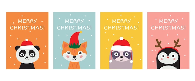 Merry christmas wenskaart collectie. leuke handgetekende dierenpanda, vos, luiaard, pinguïn