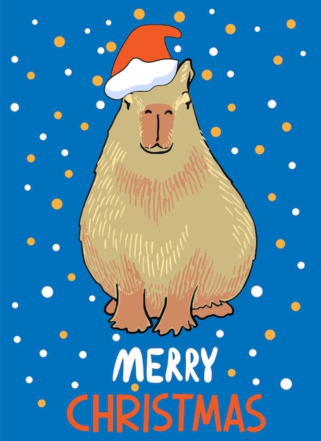 Merry christmas wenskaart leuke stripfiguur capibara