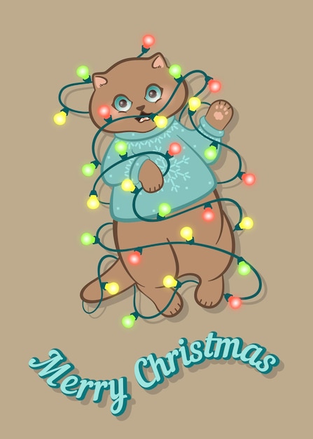 Merry Christmas wenskaart met een schattige kat grappige kat in een trui verstrikt in de slinger Vector illustratie kerst kat Happy xmas huisdieren wenskaart