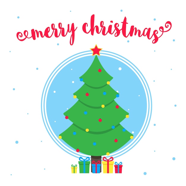 Merry Christmas wenskaart met kerst spar en tekst vlakke stijl vectorillustratie