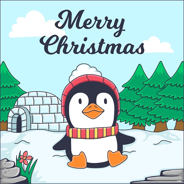 Merry Christmas wenskaart met pinguïn illustratie