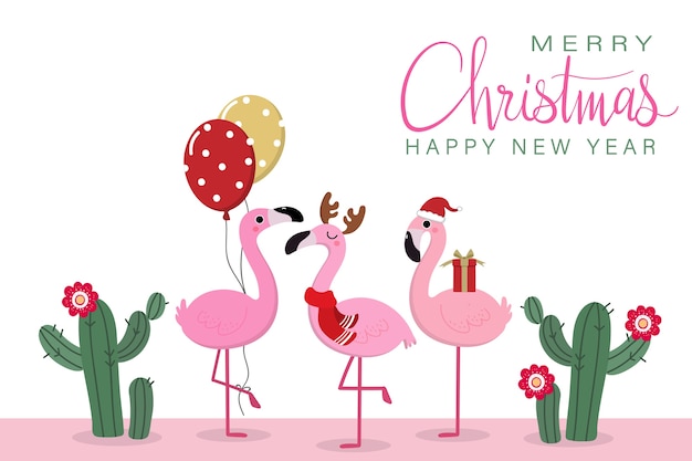 Merry christmas wenskaart met schattige flamingo's