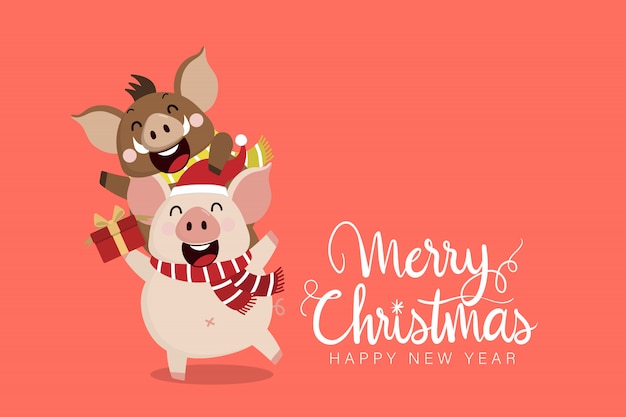 Merry christmas wenskaart met schattige piggy en zwijn.