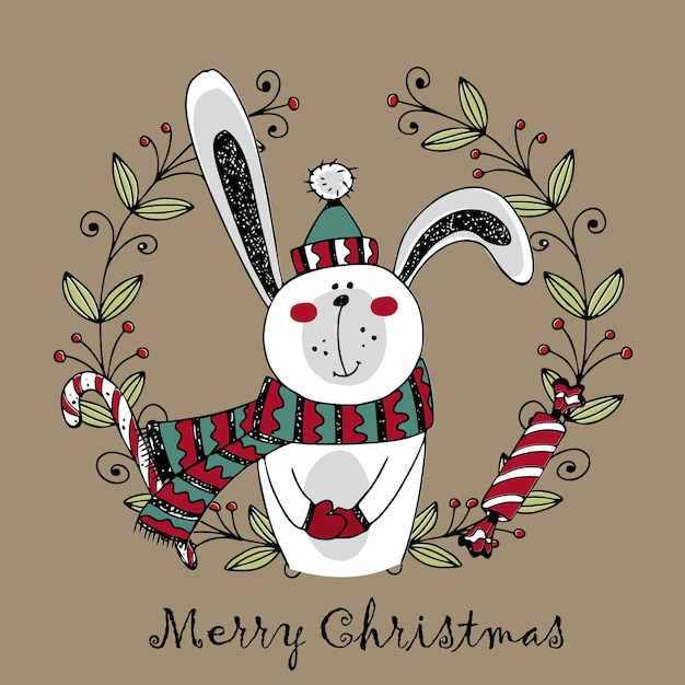 Merry Christmas wenskaart Schattig konijntje in een sjaal in de winter Doodle stijl Vector