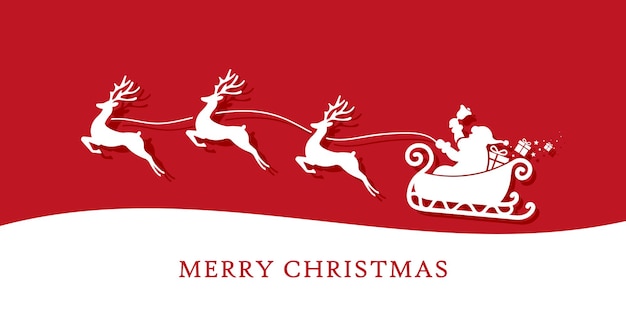Merry christmas wenskaart witn santa slee en rendieren wit silhouet op rode achtergrond vectorillustratie