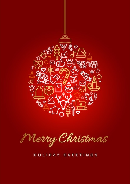 Merry Christmas wenskaartsjabloon. Kerstbal silhouet met belettering, lineaire feestelijke pictogrammen