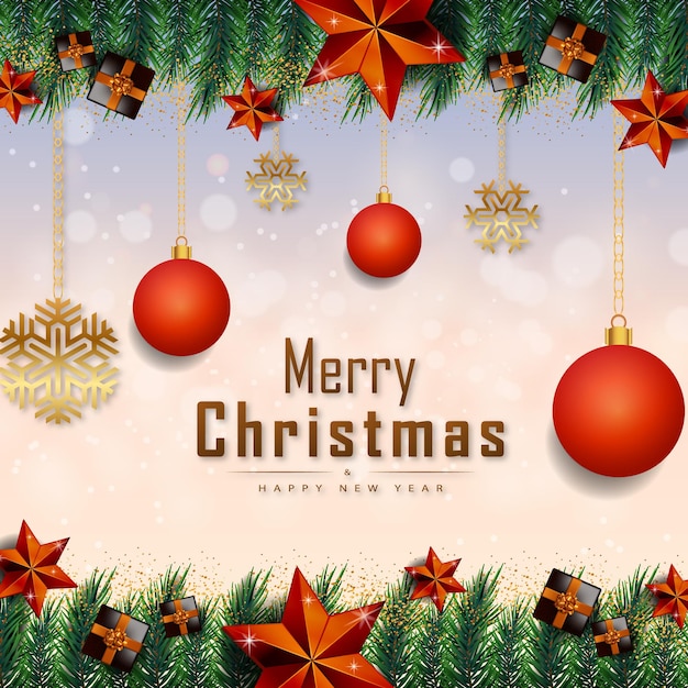 Merry christmas white background banner with golden realistic decoration elements vector