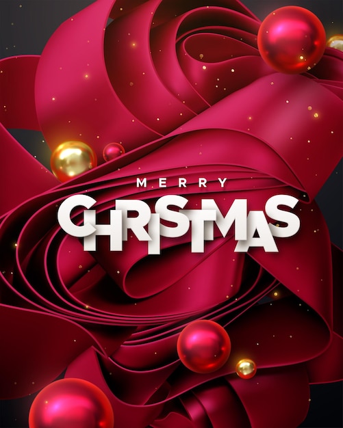 Merry christmas white paper sign on red fabric ribbon background with balls and sparkles