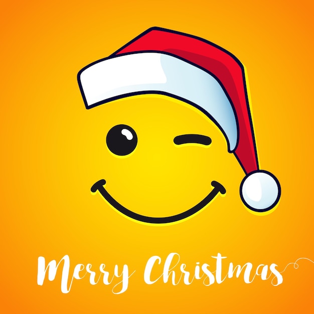 メリー クリスマス ウインク笑顔と赤い帽子サンタ グリーティング カード。新年あけましておめでとうございますベクター バナー デザイン