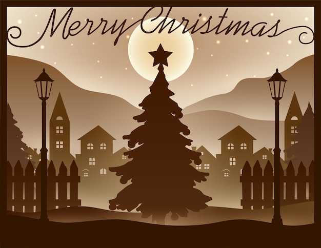 Vector merry christmas winter landscape skyline silhouette