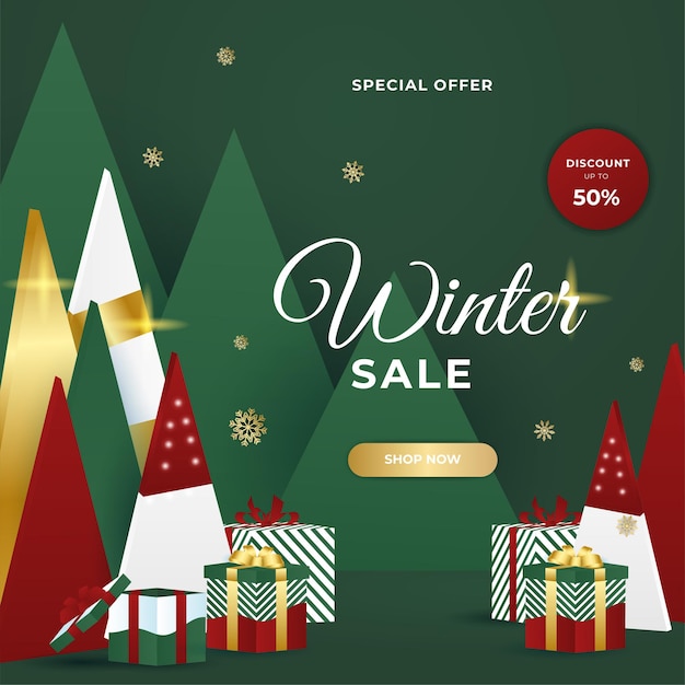 프레임과 황금 장식으로 메리 크리스마스 겨울 새 해 판매 카드. 소셜 미디어 게시물, 모바일 앱, 배너 디자인 및 웹/인터넷 광고를 위한 트렌디한 추상 사각형 겨울 휴가 아트 템플릿