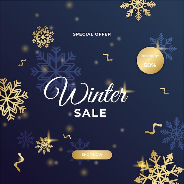 Merry Christmas winter new year sale cards with frame and golden decorations. Trendy abstract square Winter Holidays art template for social media post, mobile apps, banner design and web/internet ads