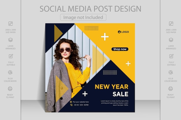 Buon natale, saldi invernali e felice anno nuovo design del modello di post sui social media con banner quadrato.
