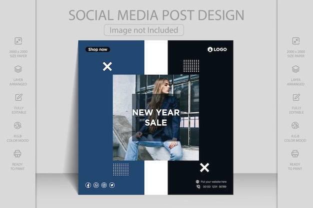 Merry Christmas, winter sale and happy new year square banner social media post template design.