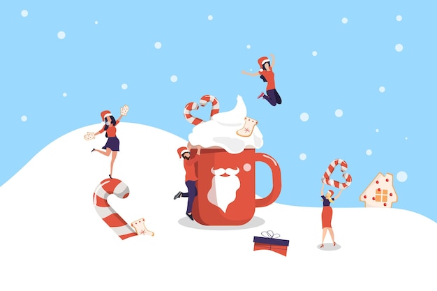 Vector merry christmas winter scene with a big mug of cocoa young beautiful people have fun and celebrate new year and christmas little people on vacation