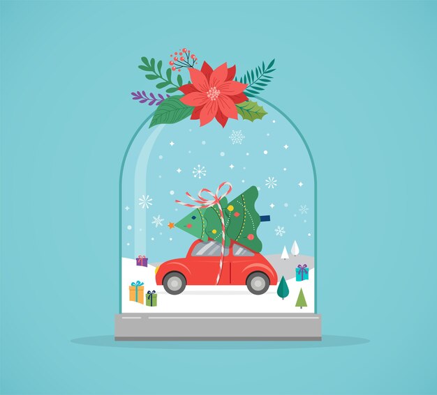 Vector merry christmas, winter wonderland scenes in a snow globe, concept vector illustration